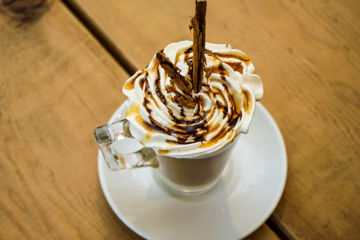 Blended iced coffee with whipped cream and caramel, like a Starbucks Coffee Frappuccino