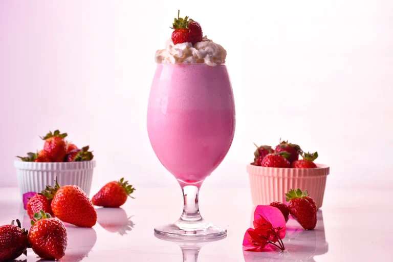 Strawberry blended drink with whipped cream, like a Starbucks Creme Frappuccino